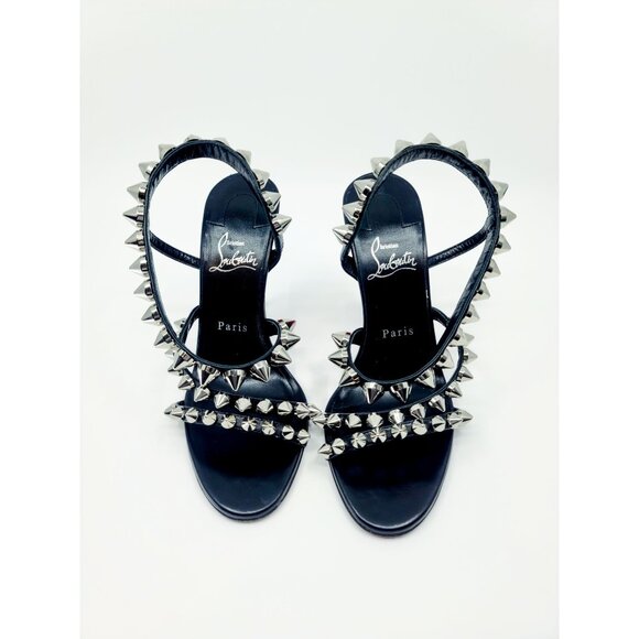 Christian Louboutin Heels "Spikita Strap 100" Black Leather Silver Spike Size 38 - Picture 4 of 8